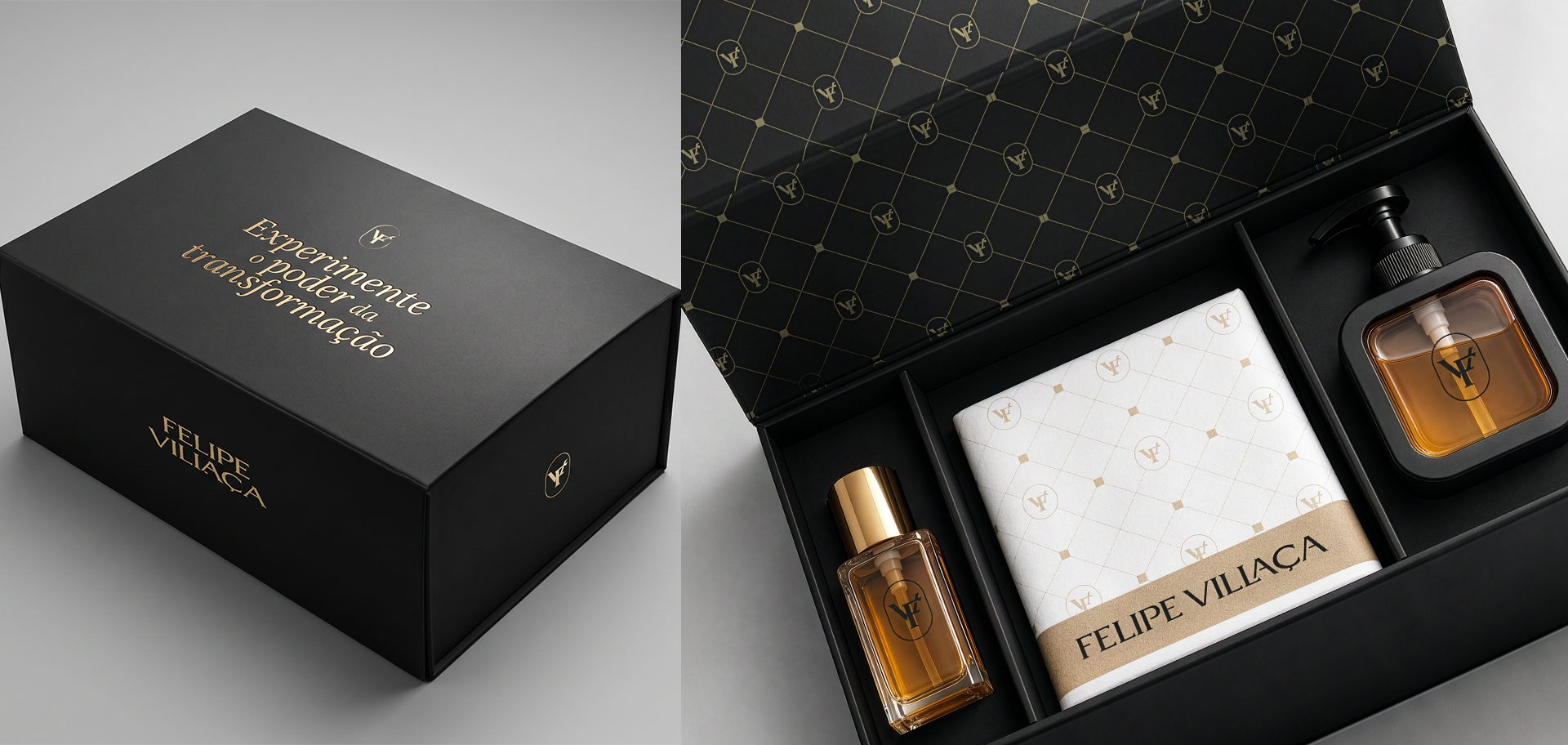 Caixa de brinde da marca Felipe Villaça, com acabamento premium e a assinatura em ouro